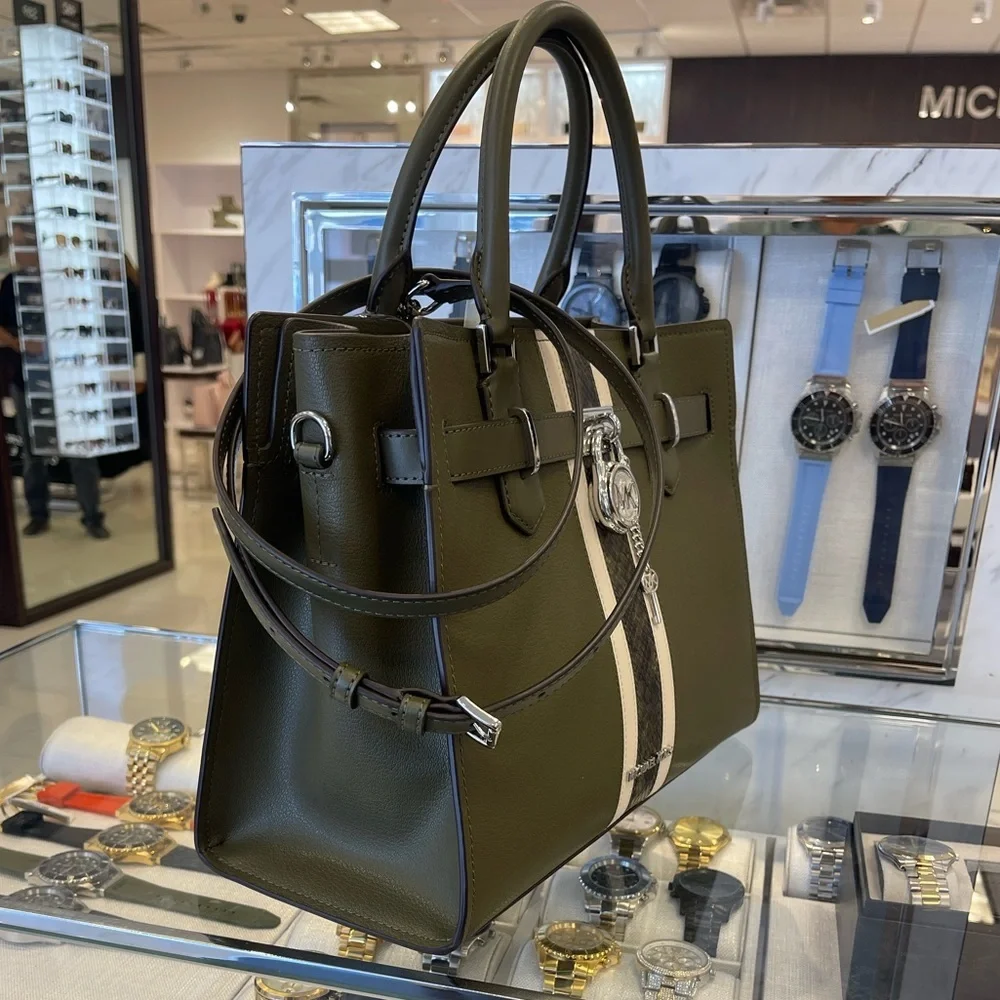 MICHAEL KORS Hamilton Med Leather and Snake Embossed Stripe Satchel Olive  NWT